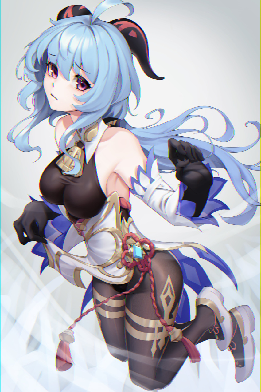 1girl absurdres ahoge armpits bangs bare_shoulders bell black_gloves blue_hair breasts chinese_knot curled_horns detached_sleeves eyebrows_visible_through_hair full_body ganyu_(genshin_impact) genshin_impact gloves gold_trim high_heels highres horns leotard leotard_under_clothes lifted_by_self long_hair looking_at_viewer medium_breasts neck_bell netural sidelocks solo tassel thighlet very_long_hair violet_eyes vision_(genshin_impact) white_sleeves