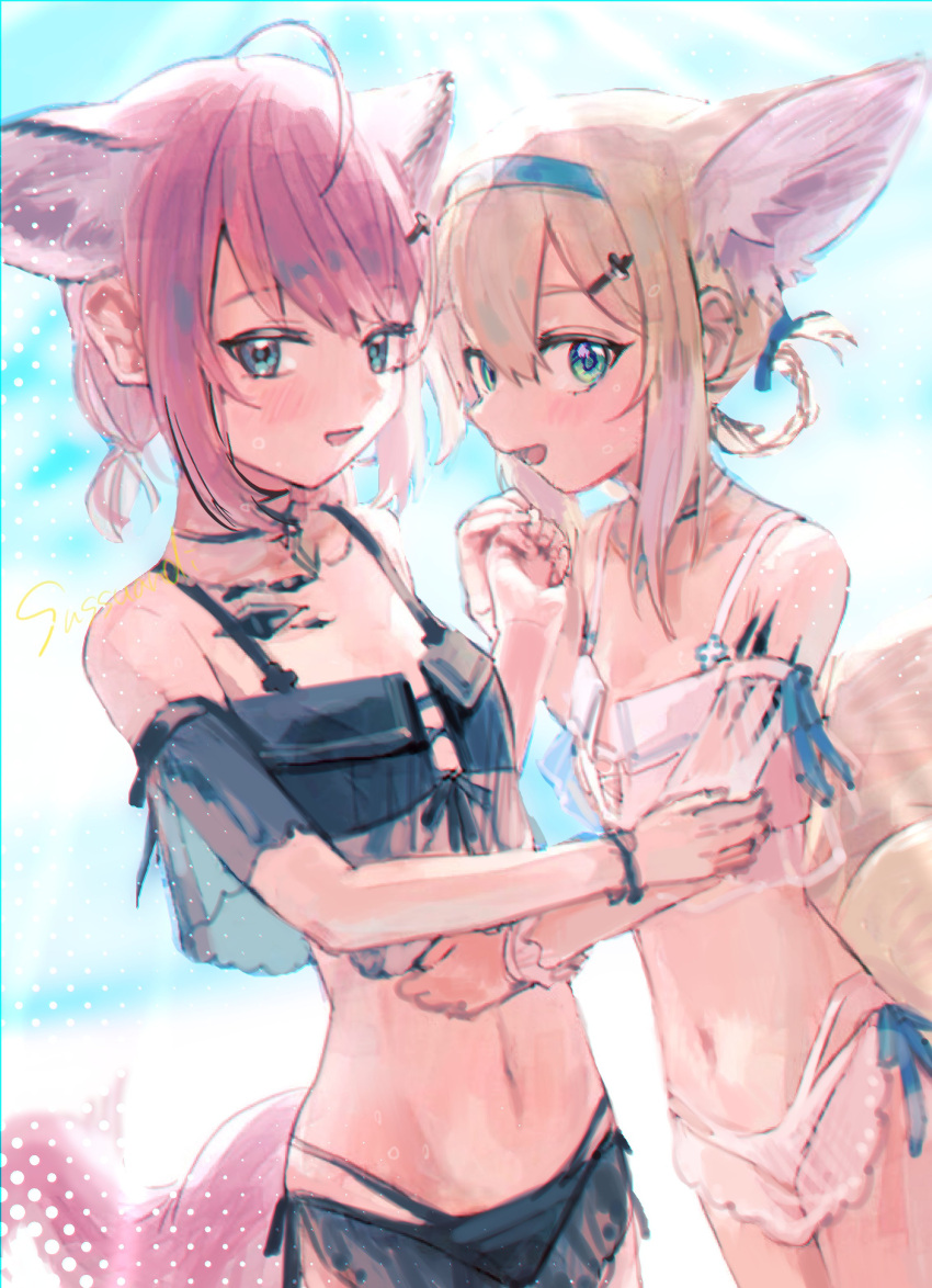 2girls absurdres ahoge alternate_costume animal_ears arknights bangs bare_shoulders blonde_hair blush brown_hair extra_ears fox_ears fox_girl fox_tail hairband hand_grab highres multiple_girls navel official_alternate_costume oripathy_lesion_(arknights) parted_lips short_hair sussurro_(arknights) sussurro_(summer_flowers)_(arknights) sutoa suzuran_(arknights) swimsuit tail