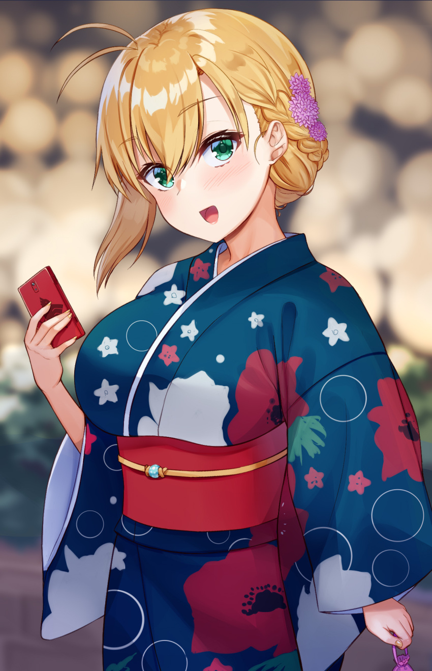 1girl alternate_hairstyle antenna_hair blonde_hair blush breasts cellphone eyebrows_visible_through_hair floral_print green_eyes hair_between_eyes highres holding holding_phone japanese_clothes kimono large_breasts long_hair long_sleeves obi open_mouth phone print_kimono sash smartphone solo tenneko_yuuri tsurumaki_maki voiceroid wide_sleeves yukata