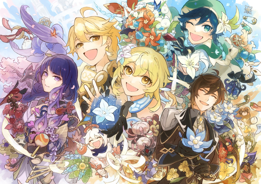 3boys 3girls aether_(genshin_impact) ahoge androgynous bangs bird_mask black_gloves black_hair blonde_hair blue_flower blue_hair bouquet bow braid brooch brown_hair closed_eyes closed_mouth collared_shirt commentary_request constellation corset earrings eyeliner feather_earrings feathers flower formal gem genshin_impact glaze_lily gloves gradient_hair green_eyes hair_between_eyes hair_flower hair_ornament halo hat hat_flower highres instntmssl jacket japanese_clothes jewelry kimono leaf long_hair long_sleeves looking_at_viewer lumine_(genshin_impact) makeup mask mole mole_under_eye multicolored_hair multiple_boys multiple_girls necktie one_eye_closed open_mouth orange_hair paimon_(genshin_impact) ponytail purple_hair raiden_shogun red_flower shirt short_hair_with_long_locks sidelocks single_earring smile suit tassel tassel_earrings thigh-highs twin_braids venti_(genshin_impact) violet_eyes white_flower white_hair yellow_eyes yellow_flower zhongli_(genshin_impact)