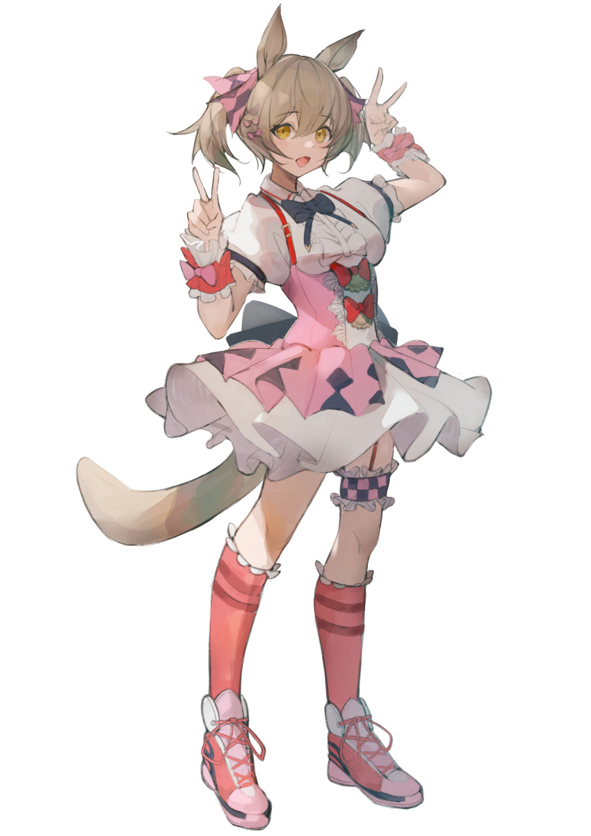 1girl absurdres animal_ears blonde_hair bow bowtie breasts collared_shirt commentary double_v dress full_body garter_straps highres horse_ears kkj25 kneehighs leg_garter looking_at_viewer pink_dress pink_footwear pink_legwear puffy_short_sleeves puffy_sleeves shirt shoes short_hair short_sleeves simple_background small_breasts smart_falcon_(umamusume) sneakers solo standing two_side_up umamusume v white_background white_shirt yellow_eyes