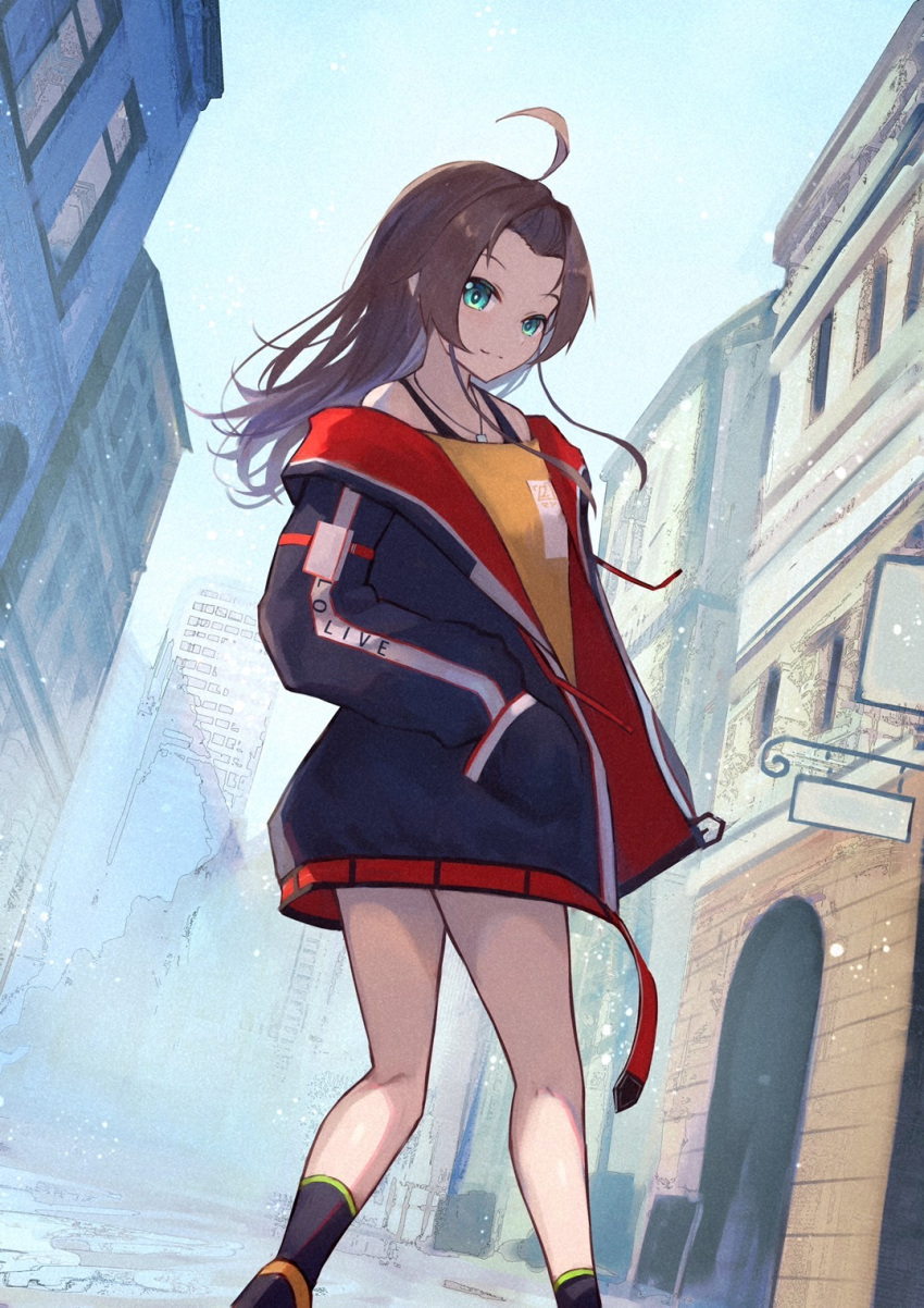 1girl ahoge black_legwear blue_eyes brown_hair building day dog_tags dutch_angle forehead hands_in_pockets highres hololive jacket looking_at_viewer medium_hair natsuiro_matsuri off-shoulder_shirt off_shoulder open_clothes open_jacket orange_shirt outdoors road shirt sky socks solo standing street virtual_youtuber widow's_peak xyunx