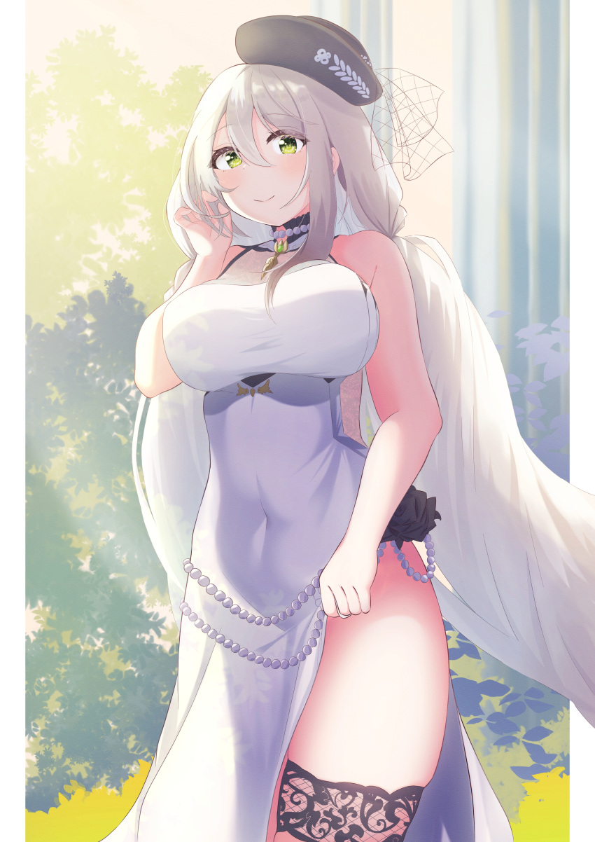 1girl absurdly_long_hair absurdres aquila_(azur_lane) aquila_(green_garden_elegant_sadia)_(azur_lane) azur_lane black_headwear breasts cocktail_dress covered_navel dress evening_gown green_eyes grey_hair hair_between_eyes highres huge_breasts long_hair looking_at_viewer official_alternate_costume outdoors plant side_slit sleeveless sleeveless_dress solo sumisumi4268 thigh-highs thighs tilted_headwear twintails very_long_hair white_dress