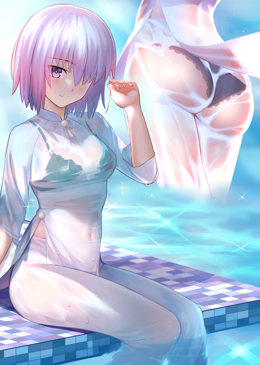 1girl ass bangs besmiled breasts dress fate/grand_order fate_(series) hair_over_one_eye highres large_breasts light_purple_hair looking_at_viewer mash_kyrielight multiple_views short_hair violet_eyes wet white_dress