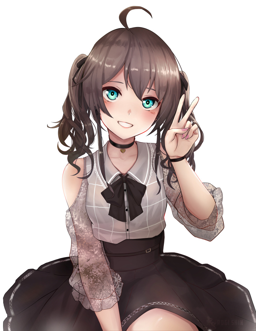 1girl absurdres ahoge bangs black_choker black_neckwear black_ribbon blue_eyes bow bowtie brown_hair brown_skirt choker clothing_cutout collared_shirt earrings flower_earrings grey_shirt grin hair_between_eyes hair_ribbon high-waist_skirt highres hololive jewelry lace lace-trimmed_skirt lace_sleeves lace_trim medium_hair natsuiro_matsuri pink_nails plaid plaid_shirt puffy_short_sleeves puffy_sleeves ribbon rogi_shin see-through_sleeves shirt short_sleeves shoulder_cutout simple_background skirt smile solo twintails v virtual_youtuber wavy_hair white_background
