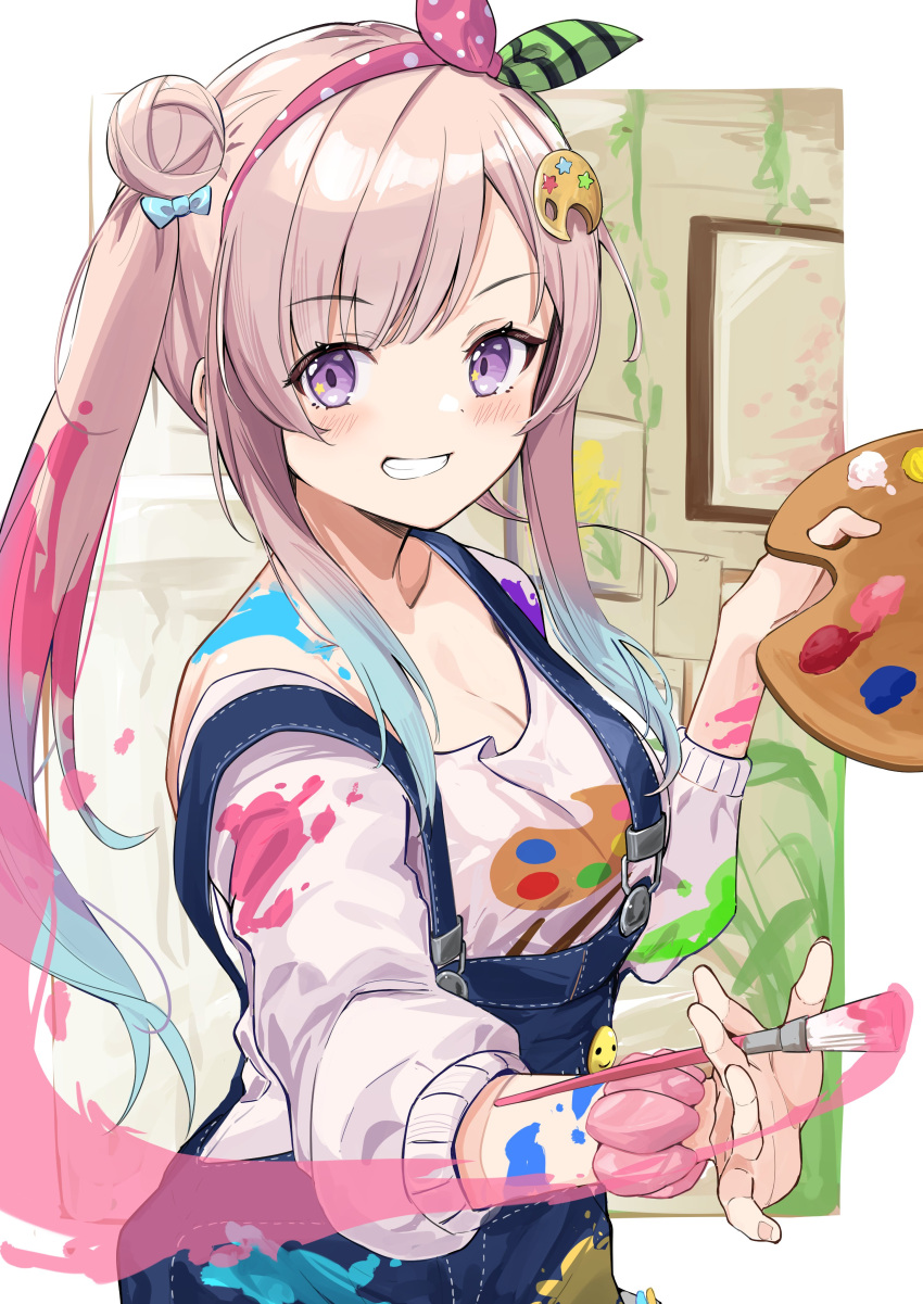 1girl absurdres airani_iofifteen anbasa_(amaneyuz13) bangs blue_eyes blush border bow collarbone eyebrows_visible_through_hair hair_bow hair_bun hair_ornament hairband hands_up highres holding holding_brush hololive hololive_indonesia long_hair long_sleeves looking_at_viewer looking_to_the_side off_shoulder outside_border paint_splatter pink_hair shirt sidelocks smile solo standing twintails upper_body white_shirt