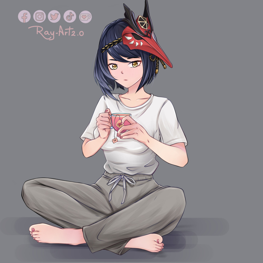 1girl alternate_costume artist_name barefoot blue_hair casual collarbone commission commissioner_upload contemporary cup feet genshin_impact highres kujou_sara looking_at_viewer mask pants ray-art2.0 shirt short_hair simple_background solo sweatpants t-shirt tea teacup tengu_mask twitter_username watermark yellow_eyes