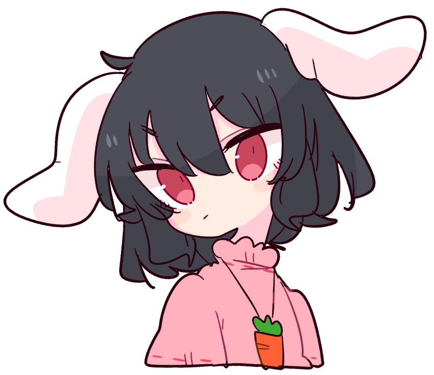 1girl animal_ears bangs black_hair carrot carrot_necklace dress floppy_ears high_collar highres inaba_tewi op_na_yarou pink_dress rabbit_ears rabbit_girl red_eyes ribbon-trimmed_dress short_hair simple_background solo touhou white_background