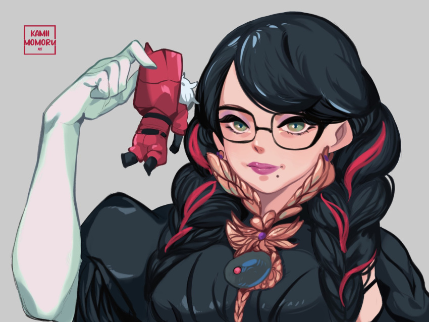 1girl bayonetta bayonetta_(series) bayonetta_3 black_hair braid clothing_cutout dante_(devil_may_cry) devil_may_cry_(series) earrings eyeshadow glasses gloves highres jewelry kamira_naito lipstick long_hair looking_at_viewer makeup mole mole_under_mouth multicolored_hair redhead ribbon simple_background smile solo streaked_hair super_smash_bros. twin_braids