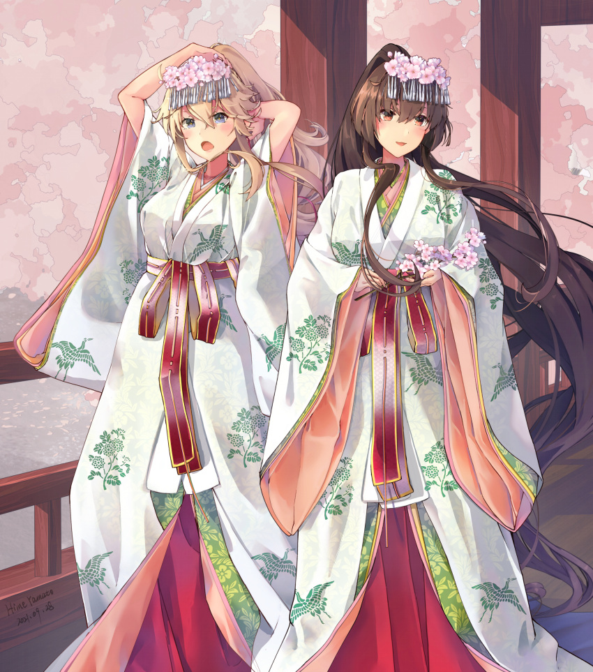 2girls blonde_hair blue_eyes blush brown_eyes brown_hair commentary eyebrows_visible_through_hair flower hair_between_eyes hair_flower hair_ornament highres himeyamato iowa_(kancolle) japanese_clothes kantai_collection kimono long_hair long_skirt miko multiple_girls open_mouth pink_kimono ponytail red_skirt skirt smile white_kimono yamato_(kancolle)