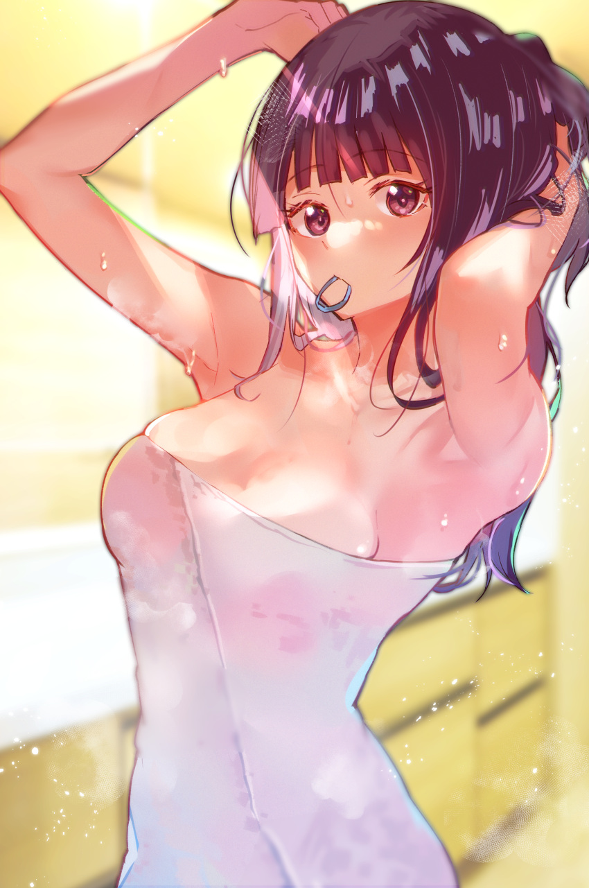 1girl absurdres arito_arayuru armpits bangs blunt_bangs breasts commentary_request eyebrows_visible_through_hair hair_tie_in_mouth highres hoshi_to_tsubasa_no_paradox large_breasts long_hair looking_at_viewer mouth_hold naked_towel purple_hair reika_(hoshi_to_tsubasa_no_paradox) shiny shiny_hair sidelocks solo towel upper_body violet_eyes