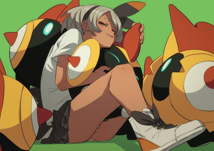 1girl bea_(pokemon) black_hairband character_request closed_mouth dark-skinned_female dark_skin fu-ta green_background grey_hair hairband highres legs looking_at_viewer pokemon pokemon_(creature) pokemon_(game) pokemon_swsh shoes short_hair simple_background sitting smile thighs white_footwear