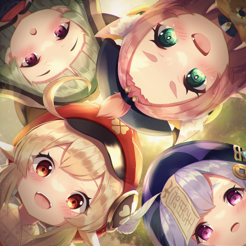 4girls :d ahoge animal_ears animal_hood bangs bangs_pinned_back bitseon black_scarf blunt_bangs blurry blush brown_scarf cabbie_hat cat_ears cat_girl close-up clover_print coin_hair_ornament commentary depth_of_field diona_(genshin_impact) english_commentary eyebrows_visible_through_hair fake_animal_ears fang forehead from_below genshin_impact green_eyes hair_between_eyes hair_ribbon hat hat_feather hat_ornament highres hood japanese_clothes jiangshi klee_(genshin_impact) light_brown_hair long_hair looking_at_viewer looking_down low_twintails multiple_girls ninja ofuda open_mouth orange_eyes pink_hair pointy_ears purple_hair qing_guanmao qiqi_(genshin_impact) red_headwear ribbon sayu_(genshin_impact) scarf short_hair shuriken sidelocks silver_hair smile thick_eyebrows twintails violet_eyes vision_(genshin_impact) weapon