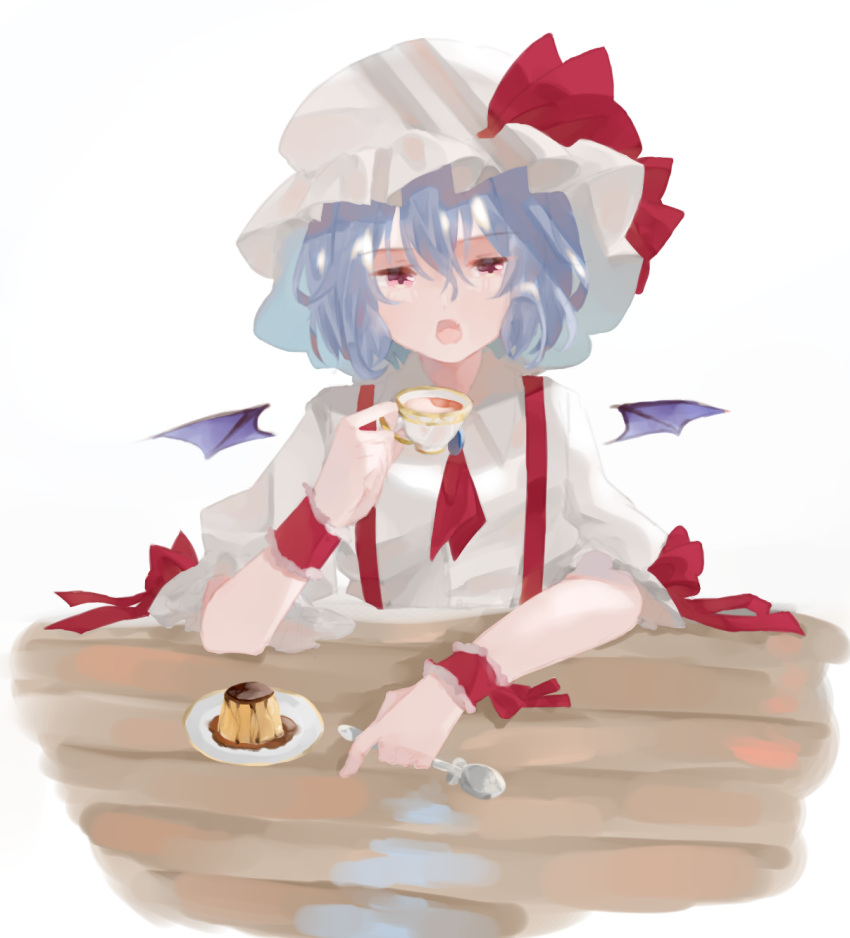 1girl :o bangs bat_wings blue_hair bow commentary_request cup detached_wings dress eyebrows_visible_through_hair flat_chest food hair_between_eyes hand_up hat hat_bow highres holding holding_cup holding_spoon lei_(knfz7274) looking_at_viewer mini_wings mob_cap open_mouth pink_eyes pudding puffy_short_sleeves puffy_sleeves red_bow red_neckwear remilia_scarlet short_hair short_sleeves simple_background solo spoon table tea teacup touhou upper_body white_background white_dress white_headwear wings wrist_cuffs