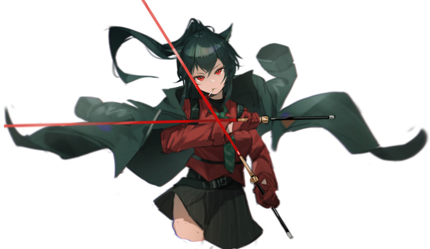 absurdres arknights bangs black_hair black_skirt chinese_commentary collared_shirt commentary_request cropped_legs dual_wielding gloves highres holding holding_sword holding_weapon jacket jacket_on_shoulders kkj25 long_hair long_sleeves looking_at_viewer necktie official_alternate_costume ponytail red_gloves red_shirt shirt simple_background skirt smoking sword texas_(arknights) texas_(willpower)_(arknights) weapon white_background