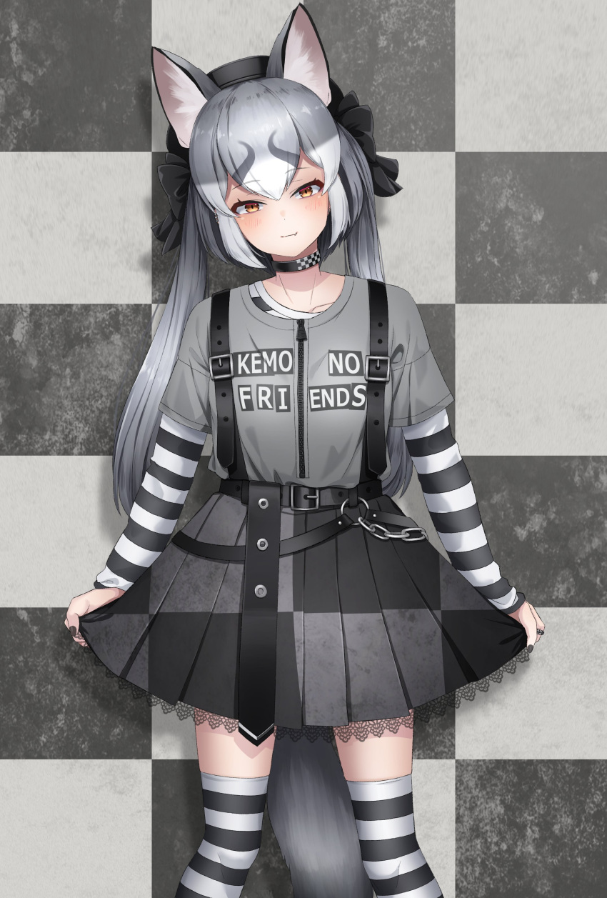 1girl absurdres alternate_costume alternate_hair_color animal_ear_fluff animal_ears bangs belt beret black_headwear black_nails black_ribbon brown_eyes chain checkered checkered_background checkered_skirt choker clothes_writing copyright_name deku_suke eyebrows_visible_through_hair fang fang_out fox_ears fox_girl fox_tail grey_hair grey_shirt hair_ribbon hat head_tilt highres island_fox_(kemono_friends) jewelry kemono_friends layered_sleeves light_smile long_hair long_sleeves looking_at_viewer multicolored_hair pleated_skirt ribbon ring shirt short_over_long_sleeves short_sleeves skin_fang skirt solo striped striped_legwear striped_sleeves suspender_skirt suspenders tail thigh-highs twintails undershirt unmoving_pattern white_hair zettai_ryouiki zipper