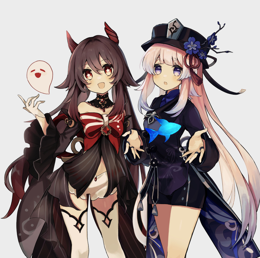 1225ka 2girls :d :o absurdres black_dress black_headwear bow bowtie cosplay costume_switch dress fish frilled_dress frilled_sleeves frills genshin_impact ghost gloves hair_ornament highres hu_tao_(genshin_impact) hu_tao_(genshin_impact)_(cosplay) long_sleeves looking_at_viewer multiple_girls open_mouth sangonomiya_kokomi sangonomiya_kokomi_(cosplay) shorts smile star-shaped_pupils star_(symbol) symbol-shaped_pupils tailcoat twintails white_gloves wide_sleeves