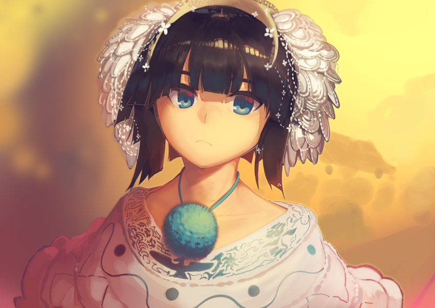 1girl bangs blue_eyes blunt_bangs boa_(brianoa) brown_hair closed_mouth copyright_request dress hair_ornament highres looking_at_viewer medium_hair solo upper_body white_dress yellow_background