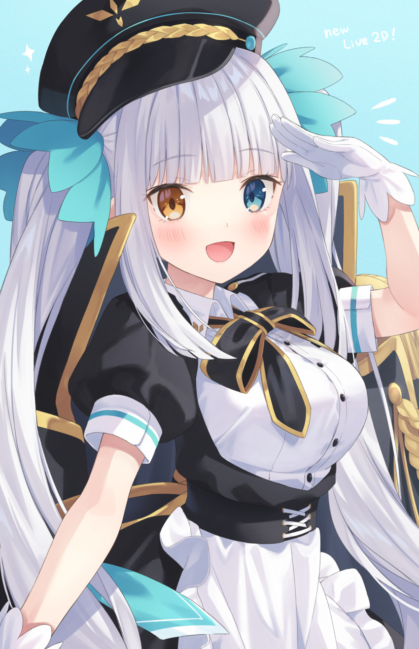 1girl absurdres bangs black_headwear black_neckwear black_ribbon blue_eyes blue_ribbon blunt_bangs blush breasts eyebrows_visible_through_hair gloves hair_ribbon hat heterochromia highres jimmy_madomagi kagura_gumi kagura_mea large_breasts long_hair looking_at_viewer maid military_hat open_mouth puffy_short_sleeves puffy_sleeves ribbon salute short_sleeves silver_hair smile twintails very_long_hair virtual_youtuber white_gloves yellow_eyes