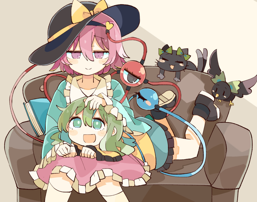 :d animal_ears bangs baron_(x5qgeh) blue_eyes blue_shirt blush_stickers book boots bow cat_ears cat_tail closed_eyes commentary_request couch frilled_shirt_collar frilled_skirt frilled_sleeves frills green_bow green_hair green_skirt hand_on_another's_head hat hat_ribbon headwear_removed highres kaenbyou_rin kaenbyou_rin_(cat) komeiji_koishi komeiji_satori multiple_tails nekomata on_lap open_mouth pink_eyes pink_hair pink_skirt reiuji_utsuho reiuji_utsuho_(bird) ribbon shirt short_hair siblings sisters sitting skirt smile socks soles tail third_eye touhou two_tails upper_body white_legwear wide_sleeves yellow_ribbon yellow_shirt