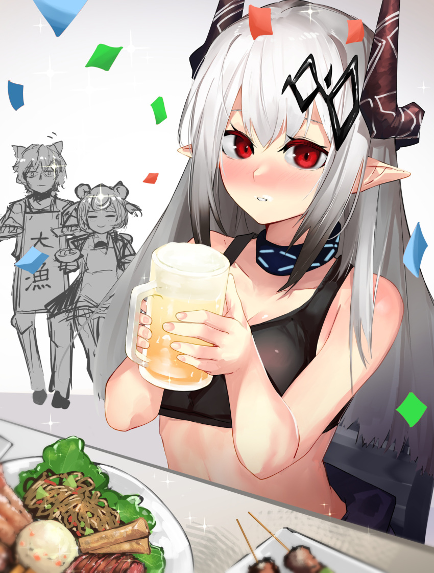 1boy 2girls absurdres alcohol ao_oni_(onioni-aoi) arknights bangs bare_arms bare_shoulders beer beer_mug black_choker blush choker commentary_request confetti crop_top cup food gummy_(arknights) hands_up highres holding holding_cup horns infection_monitor_(arknights) jaye_(arknights) long_hair looking_at_viewer midriff mudrock_(arknights) mug multiple_girls nose_blush parted_lips pointy_ears red_eyes silver_hair sports_bra stomach upper_body