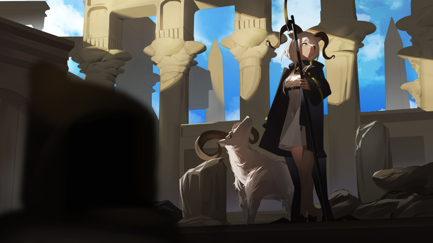 1girl absurdres animal animal_ears arknights beeswax_(arknights) black_coat blue_sky breasts brown_eyes closed_mouth coat collar commentary_request dark-skinned_female dark_skin day dress goat goat_ears goat_horns hair_over_shoulder highres holding holding_staff horns infection_monitor_(arknights) long_hair long_sleeves looking_away looking_to_the_side low_twintails medium_breasts newflame open_clothes open_coat outdoors pillar ruins silver_hair sky solo staff standing twintails underbust white_dress