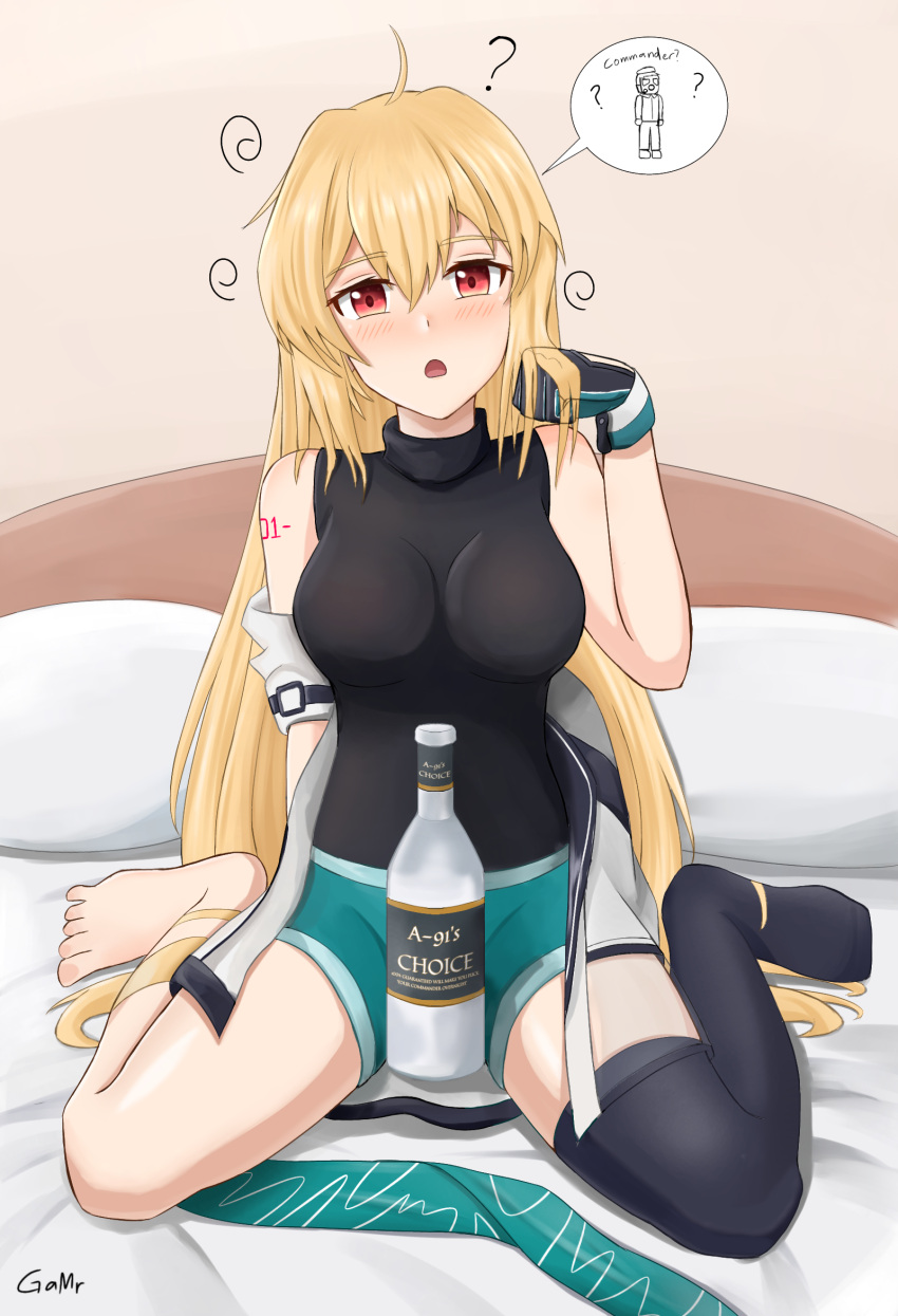 1girl ? ?? alcohol aqua_shorts artist_name barefoot bed bedroom black_bodysuit black_legwear blonde_hair blush bodysuit bottle breasts eyebrows_visible_through_hair gamryous girls_frontline gloves green_hairband hairband hairband_removed hand_in_hair hand_on_back hand_up highres jacket_pull long_hair looking_at_viewer medium_breasts multicolored multicolored_clothes multicolored_gloves no_shoes number_tattoo on_bed open_mouth pillow red_eyes shorts simple_background single_thighhigh sitting sitting_on_bed soles solo speech_bubble spread_legs sv-98_(girls'_frontline) tattoo thigh-highs toes vodka