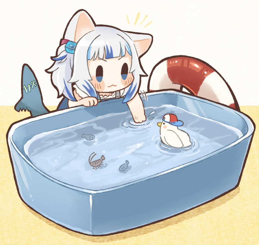 1girl :3 animal_ears backwards_hat bangs baseball_cap basin bird blue_eyes blue_hair blunt_bangs blush_stickers cat_ears chibi commentary dated_commentary duck eyebrows_visible_through_hair fish fish_tail gawr_gura hat highres hololive hololive_english innertube multicolored_hair same_anko shark_tail shrimp simple_background solo subaru_duck symbol-only_commentary tail two-tone_hair v-shaped_eyebrows virtual_youtuber water white_hair