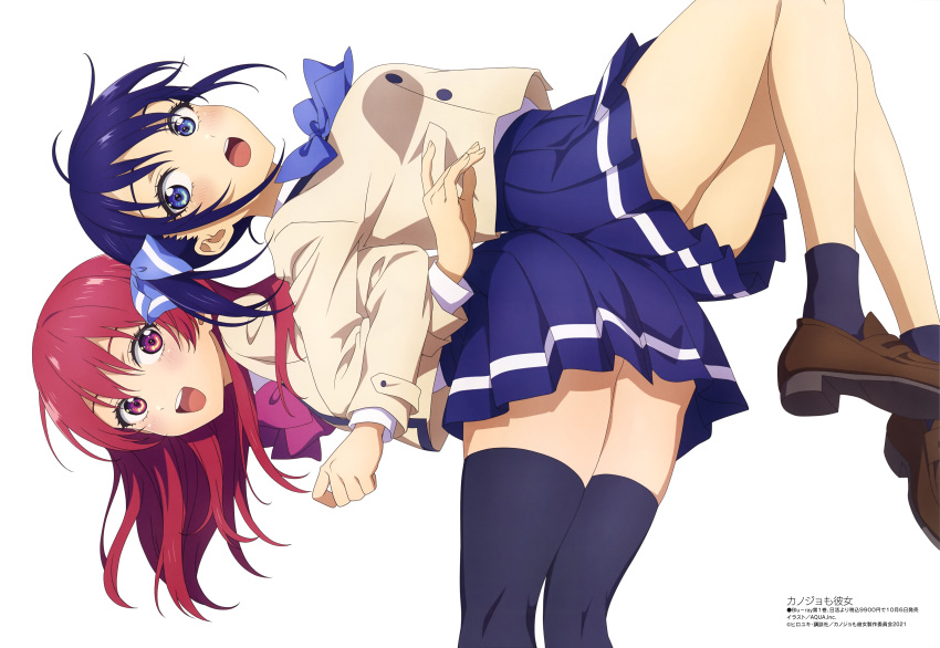 2girls absurdres aqua_inc. ass ass-to-ass back-to-back bangs bent_over black_legwear blue_eyes blue_hair blue_neckwear blue_skirt brown_footwear brown_jacket carrying clothes_lift hair_ornament highres jacket kanojo_mo_kanojo loafers locked_arms long_hair looking_at_viewer megami_magazine minase_nagisa multiple_girls official_art open_mouth pleated_skirt purple_neckwear red_eyes redhead saki_saki_(kanojo_mo_kanojo) scan school_uniform shirt shoes simple_background skirt skirt_lift smile stretch thigh-highs thighs upper_teeth white_background white_shirt