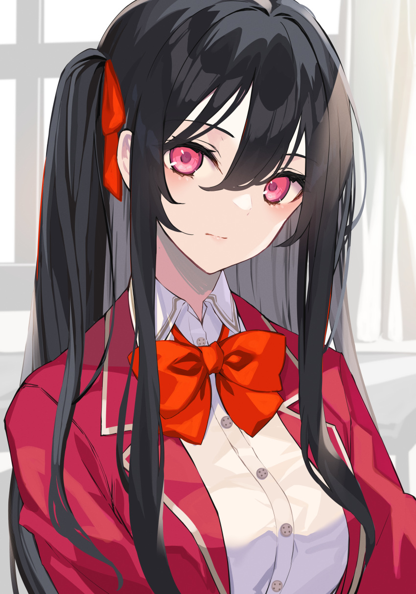 1girl absurdres black_hair blazer bow bowtie closed_mouth collared_shirt commentary_request expressionless hair_ribbon highres jacket light_blush long_hair looking_at_viewer loose_bowtie original red_eyes red_jacket red_neckwear red_ribbon ribbon shirt solo takehana_note twintails two_side_up upper_body white_shirt