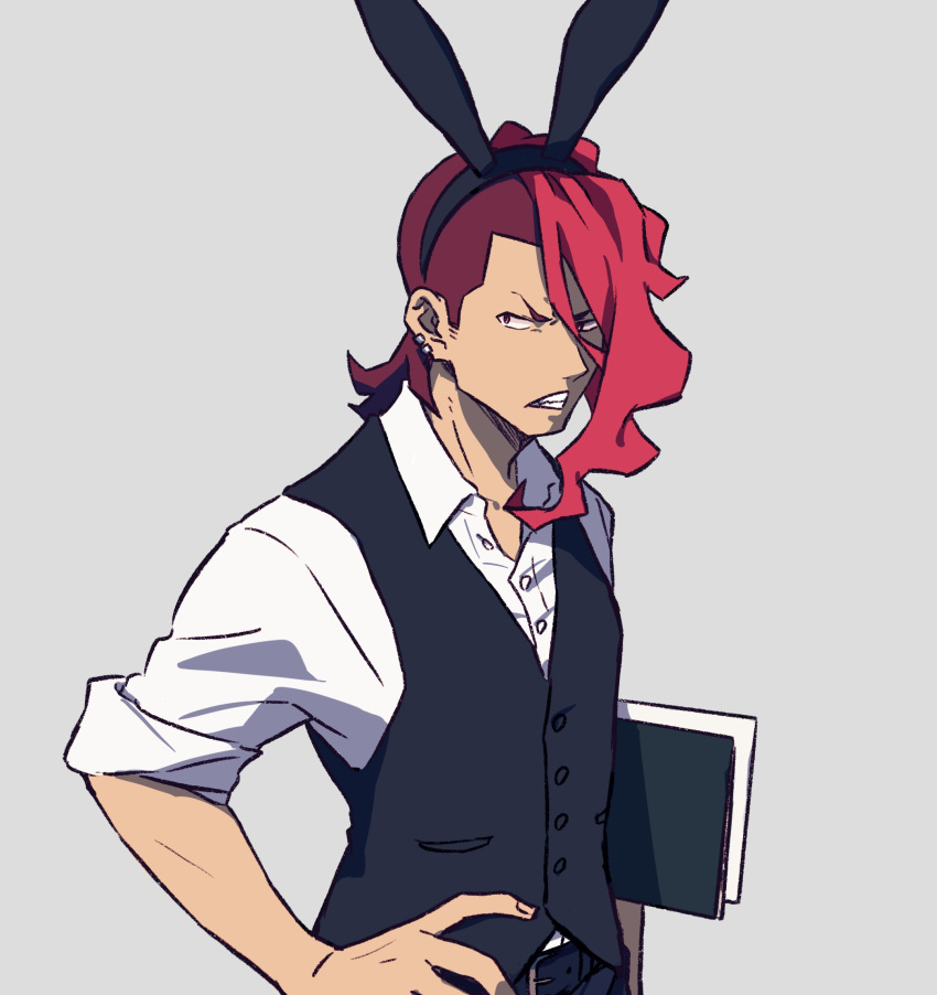 1boy animal_ears asymmetrical_hair brown_hair choko_egg ear_piercing fake_animal_ears grey_background gridman_universe hand_on_hip highres male_focus menu multicolored_hair onija piercing redhead scowl solo ssss.dynazenon two-tone_hair upper_body vest