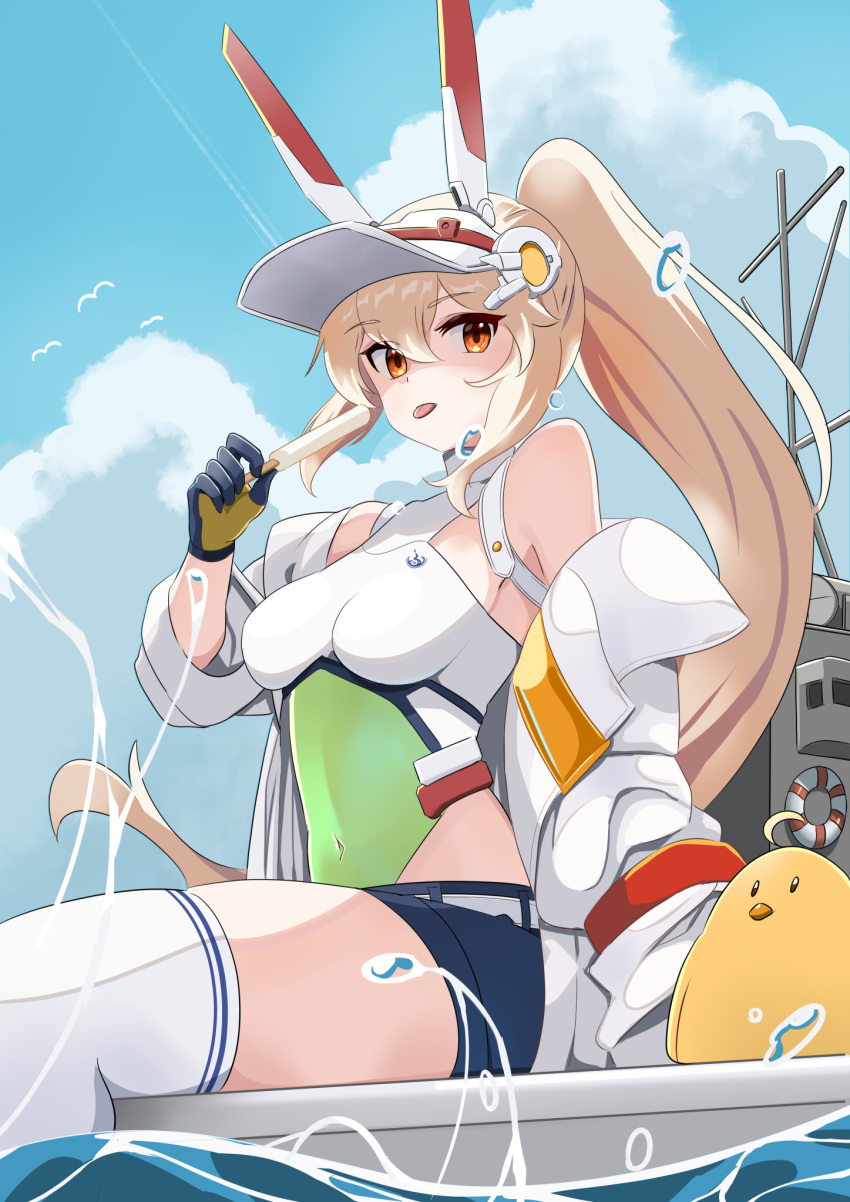 1girl animal ayanami_(azur_lane) azur_lane bangs bare_shoulders bird black_gloves blue_sky breasts chick clouds cloudy_sky covered_navel day eyebrows_visible_through_hair food gloves hair_between_eyes headgear high_ponytail highres holding holding_food ice_cream jacket lifebuoy light_brown_hair long_hair long_sleeves manjirou_(manji_illust) manjuu_(azur_lane) medium_breasts off_shoulder one-piece_swimsuit open_clothes open_jacket outdoors ponytail red_eyes sitting sky solo swimsuit thigh-highs tongue tongue_out very_long_hair visor_cap water water_drop white_headwear white_jacket white_legwear white_swimsuit