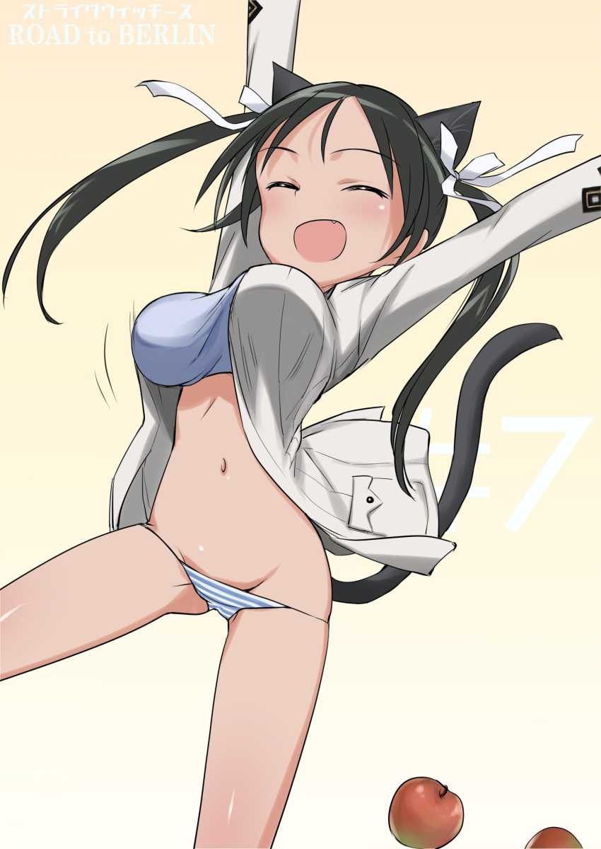 1girl animal_ears aohashi_ame apple arms_up black_hair blue_panties blue_sports_bra bouncing_breasts breasts cat_ears cat_tail closed_eyes commentary_request copyright_name facing_viewer fang food francesca_lucchini fruit groin hair_ribbon highres jacket long_hair long_sleeves motion_blur navel no_pants open_clothes open_jacket open_mouth panties ribbon smile solo sports_bra standing strike_witches striped striped_panties tail tan translated twintails underwear white_jacket white_ribbon world_witches_series
