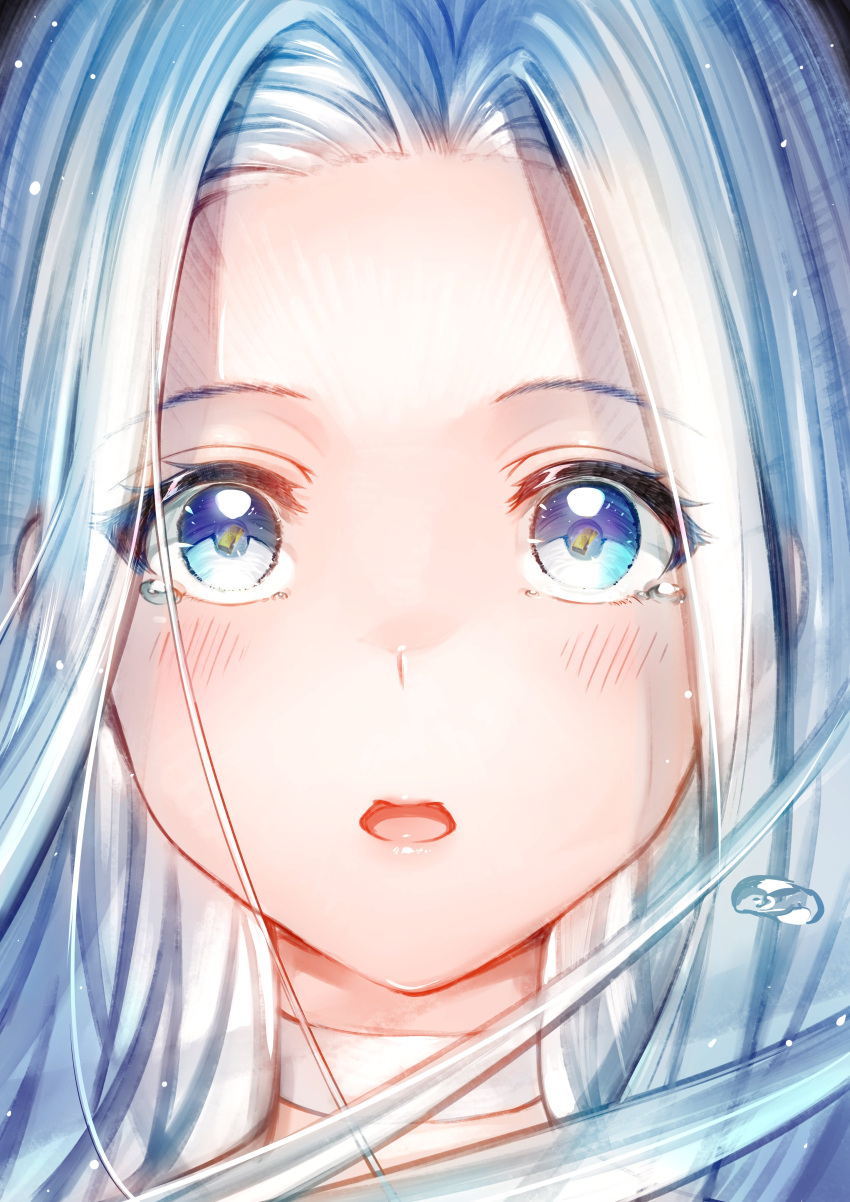 1girl absurdres aldehyde bangs blue_eyes blue_hair blush choker close-up commentary_request eye_reflection forehead gold_bar granblue_fantasy highres long_hair looking_at_viewer lyria_(granblue_fantasy) open_mouth parted_bangs portrait reflection solo tearing_up water_drop