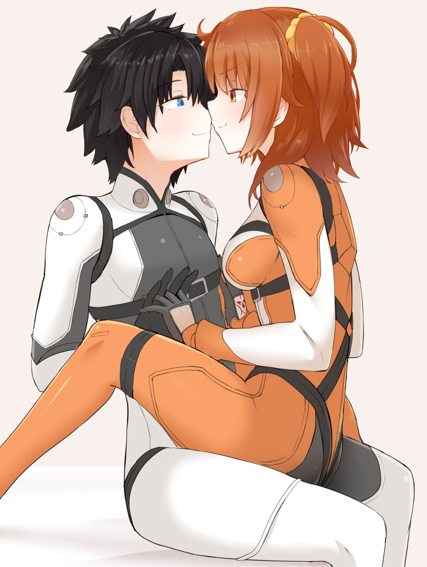 1boy 1girl black_bodysuit black_hair blue_eyes bodysuit breasts chaldea_combat_uniform eye_contact face-to-face fate/grand_order fate_(series) fujimaru_ritsuka_(female) fujimaru_ritsuka_(male) hair_ornament hair_scrunchie hasai_(mekkan) highres holding_hands looking_at_another medium_breasts multicolored multicolored_bodysuit multicolored_clothes one_side_up orange_bodysuit orange_eyes orange_hair scrunchie sitting sitting_on_lap sitting_on_person skin_tight white_bodysuit yellow_scrunchie