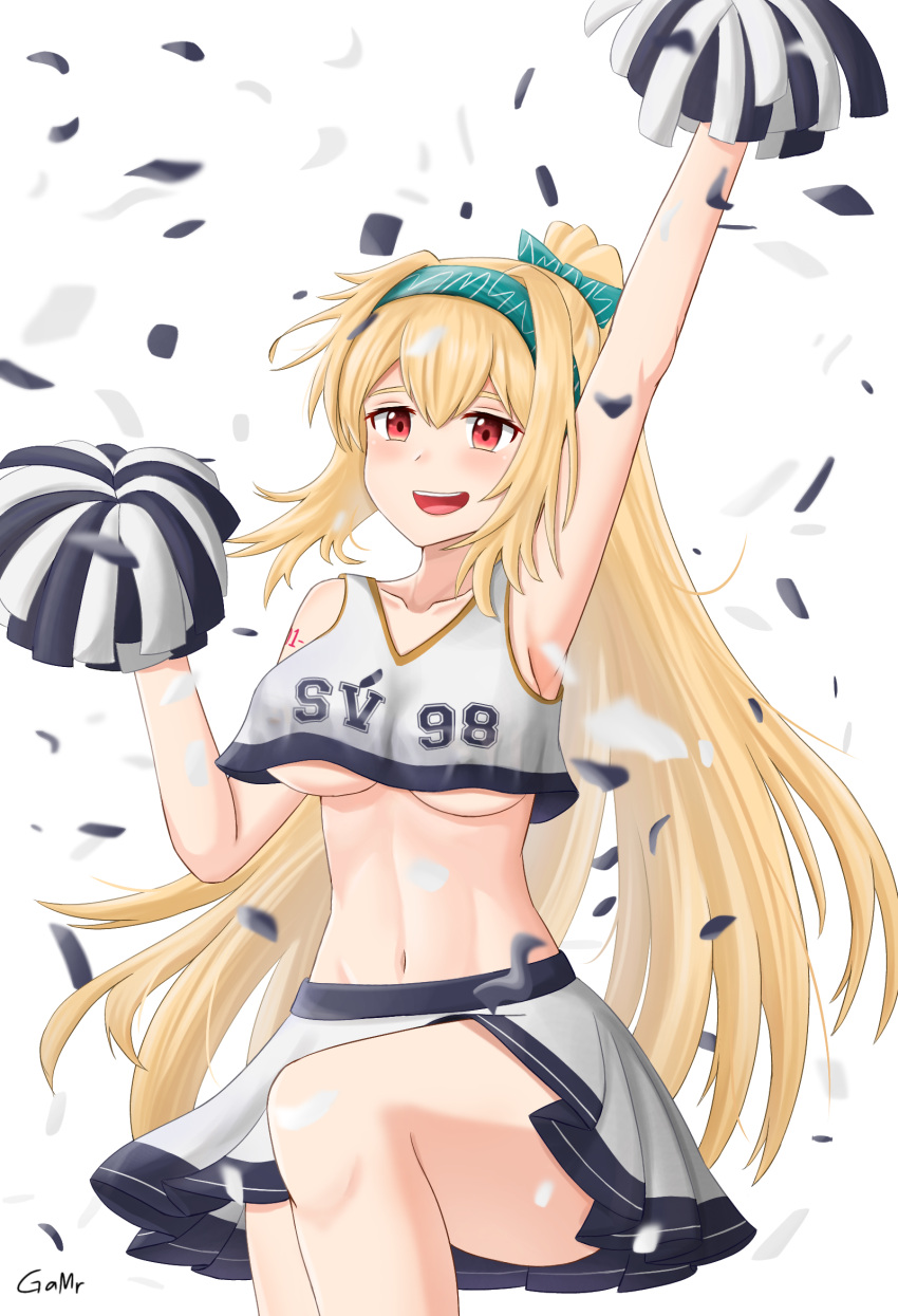 1girl armpits artist_name blonde_hair blush bow breasts character_name cheerleader collarbone confetti eyebrows_visible_through_hair feet_out_of_frame gamryous girls_frontline green_bow green_hairband hair_bow hairband hands_up highres holding holding_pom_poms long_hair looking_at_viewer medium_breasts navel number_tattoo open_mouth pom_pom_(cheerleading) ponytail red_eyes skirt smile solo standing standing_on_one_leg sv-98_(girls'_frontline) tank_top tattoo under_boob white_background white_skirt white_tank_top