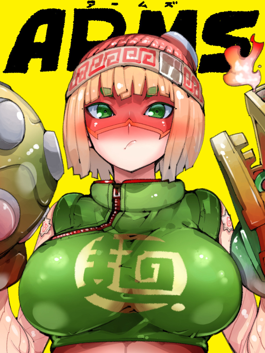 1girl arms_(game) bangs beanie blonde_hair blunt_bangs blush breasts chinese_clothes domino_mask facepaint food green_eyes hat highres knit_hat legwear_under_shorts looking_at_viewer mask min_min_(arms) noodles short_hair shorts solo takayama_toshinori