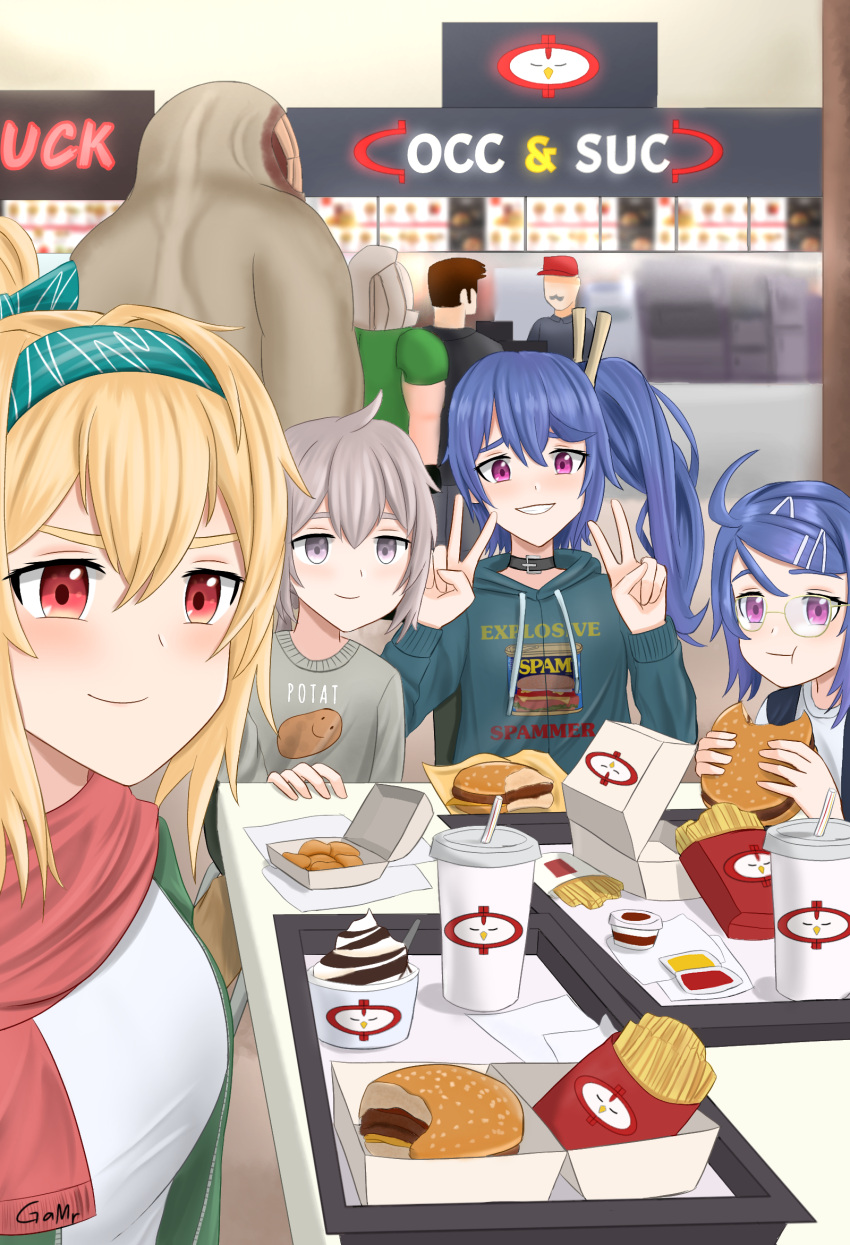 4girls aqua_shirt artist_name black_collar blonde_hair blue_hair blush bow closed_mouth collar eyebrows_visible_through_hair food gamryous girls_frontline glasses green_bow green_hairband grey_hair grey_shirt hair_bow hair_ornament hairband hairclip highres holding holding_food k11_(girls'_frontline) light_purple_eyes long_hair looking_at_viewer m200_(girls'_frontline) multiple_girls ponytail print_shirt red_eyes red_scarf scarf shirt side_ponytail simple_background sitting smile sv-98_(girls'_frontline) tray v violet_eyes white_shirt