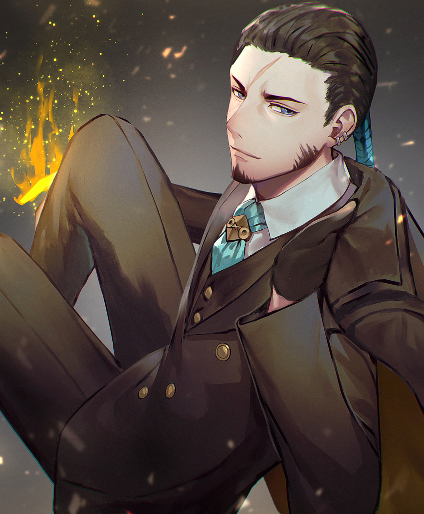 1boy belt black_hair commentary_request facial_hair goatee gun highres long_hair male_focus mature_male pants penguu_(green528) ponytail ricardo_soldato scar scar_on_face shirt sitting solo tales_of_(series) tales_of_innocence trench_coat weapon