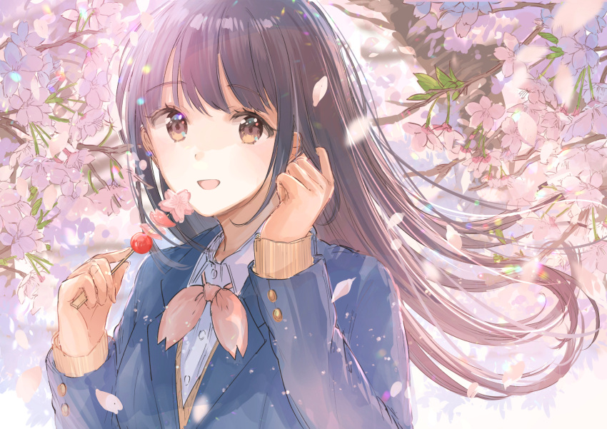 1girl bangs black_hair brown_eyes candy cherry_blossoms eyebrows_behind_hair eyebrows_visible_through_hair food highres holding holding_candy holding_food long_hair looking_at_viewer mochitsuki_usa open_mouth original petals school_uniform smile solo spring_(season) upper_body wind
