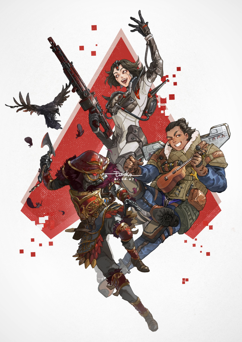 1boy 1girl 1other absurdres apex_legends armor artist_name axe bird black_eyes black_footwear black_gloves black_hair bloodhound_(apex_legends) blue_pants bodysuit boots brown_footwear brown_gloves cable crow dark-skinned_male dark_skin dated energy_gun english_commentary eureka1812 gibraltar_(apex_legends) gloves grey_bodysuit gun hair_behind_ear helmet highres holding holding_axe holding_gun holding_weapon horizon_(apex_legends) instrument jacket knee_pads light_machine_gun looking_down looking_to_the_side metal_boots music official_alternate_costume one_eye_closed open_hand open_mouth pants playing_instrument red_eyes short_hair smile tied_hair ukulele weapon x-55_devotion