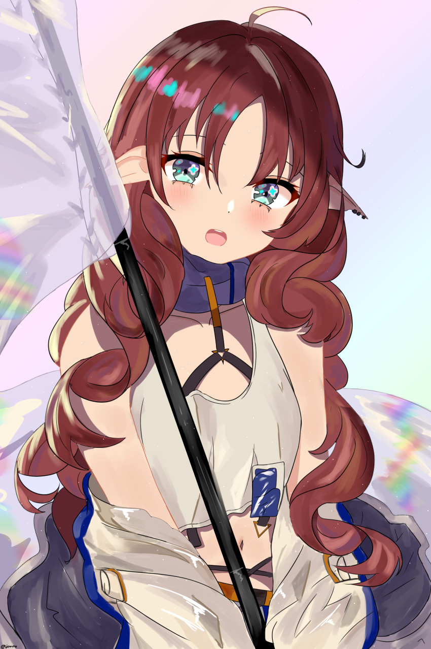 1girl absurdres ahoge aqua_eyes arknights bangs bare_shoulders blush coat crop_top ear_piercing eyebrows_visible_through_hair flag high_collar highres jannong long_sleeves looking_at_viewer myrtle_(arknights) navel off_shoulder open_clothes open_coat open_mouth parted_bangs piercing pointy_ears redhead sleeves_past_fingers sleeves_past_wrists solo upper_body upper_teeth white_coat