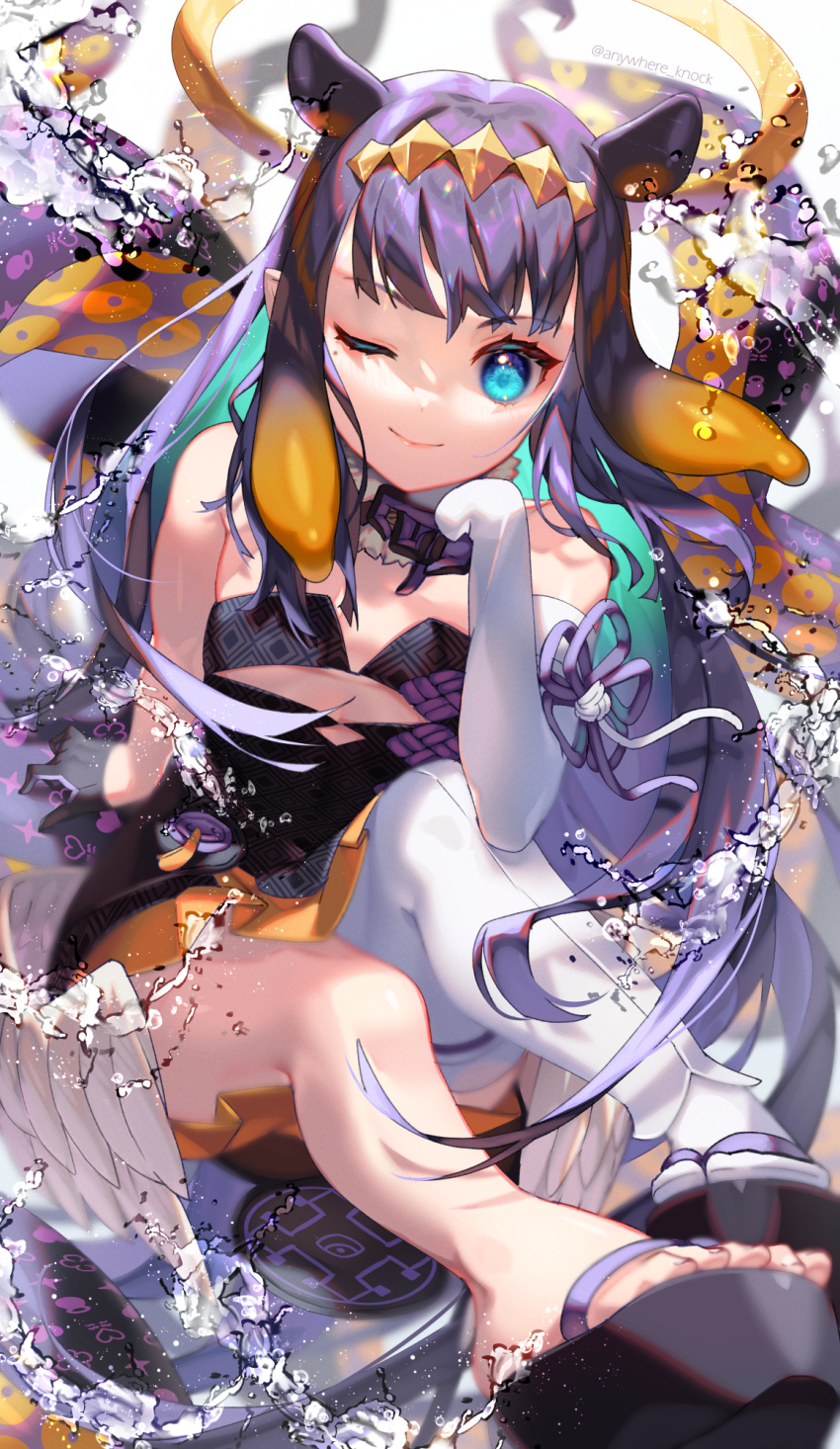 1girl ;) anywhere_knock asymmetrical_gloves bangs black_dress black_gloves blue_eyes closed_mouth commentary_request dress elbow_gloves feathered_wings flat_chest full_body gloves gradient_hair halo hand_up highres hololive hololive_english long_hair looking_at_viewer low_wings multicolored_hair ninomae_ina'nis okobo one_eye_closed orange_hair purple_hair sandals sidelocks single_elbow_glove single_thighhigh smile solo strapless strapless_dress tabi tentacles thigh-highs tiara twitter_username uneven_gloves virtual_youtuber white_legwear wings