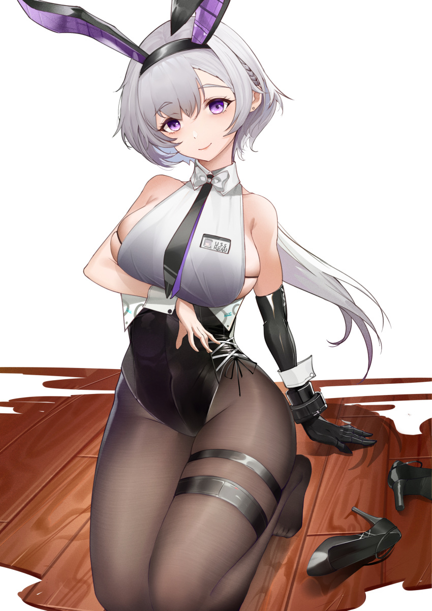 1girl absurdres animal_ears arm_strap arm_support arm_under_breasts azur_lane bangs bare_shoulders black_hairband black_legwear black_leotard black_neckwear bow bowtie breasts chinese_commentary closed_mouth collarbone collared_shirt commentary_request crop_top earrings elbow_gloves eyebrows_visible_through_hair fake_animal_ears full_body gloves grey_hair groin hair_between_eyes hairband head_tilt high_heels highres id_card jewelry kneeling large_breasts leotard leotard_under_clothes long_hair looking_at_viewer low_ponytail metal_gloves necktie official_alternate_costume pantyhose parted_hair playboy_bunny rabbit_ears reno_(azur_lane) reno_(reno_bunnino)_(azur_lane) see-through see-through_shirt shadow shirt shoes shoes_removed side-tie_leotard sideboob sidelocks simple_background single_elbow_glove skindentation sleeveless sleeveless_shirt smile solo stud_earrings thigh_strap violet_eyes white_background white_neckwear wooden_floor wrist_cuffs xiaokugua