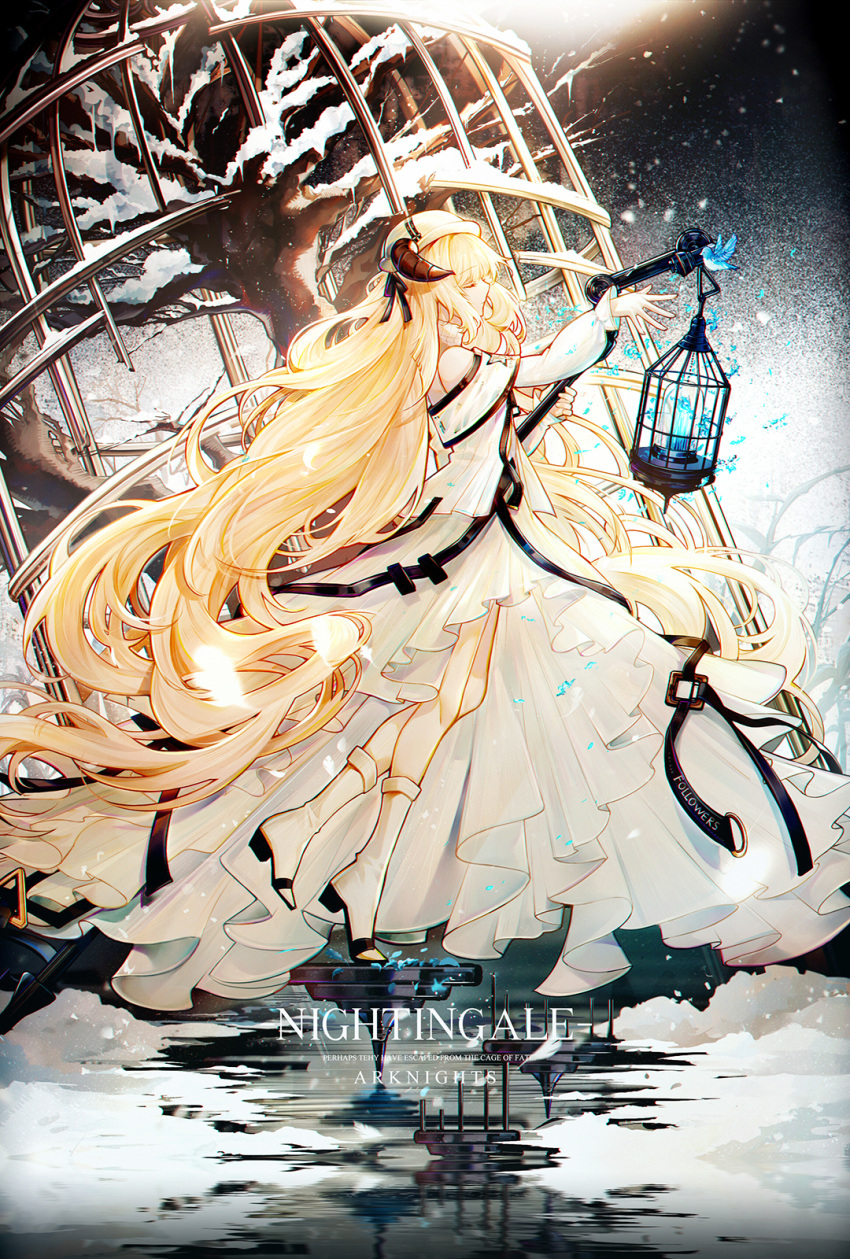 1girl animal arknights bai_qi-qsr bangs bird birdcage blonde_hair boots cage closed_eyes coat from_side hat highres holding holding_staff lantern long_hair night night_sky nightingale_(arknights) petals reaching_out reflection sky solo staff very_long_hair