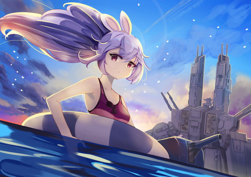 1girl animal_ears azur_lane bangs bare_arms bare_shoulders blue_sky breasts cannon closed_mouth clouds cloudy_sky collarbone eyebrows_visible_through_hair fake_animal_ears hair_between_eyes hairband highres laffey_(azur_lane) lifebuoy long_hair manjirou_(manji_illust) mecha outdoors pink_hairband ponytail purple_hair rabbit_ears red_eyes red_swimsuit sky small_breasts solo sunset swimsuit water