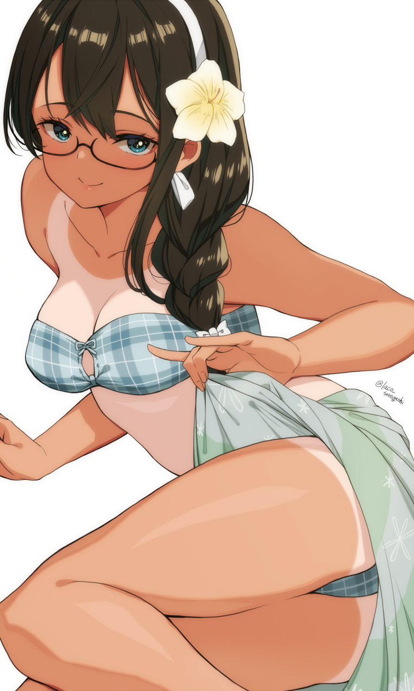 1girl alternate_hairstyle bangs bikini blue_eyes braid breasts commentary floral_print flower glasses hair_between_eyes hair_flower hair_ornament hairband hibiscus highres kantai_collection laco_soregashi long_hair looking_at_viewer medium_breasts one-piece_tan ooyodo_(kancolle) plaid plaid_bikini sarong simple_background single_braid smile solo strapless strapless_bikini swimsuit tan tanlines twitter_username white_background white_flower white_hairband