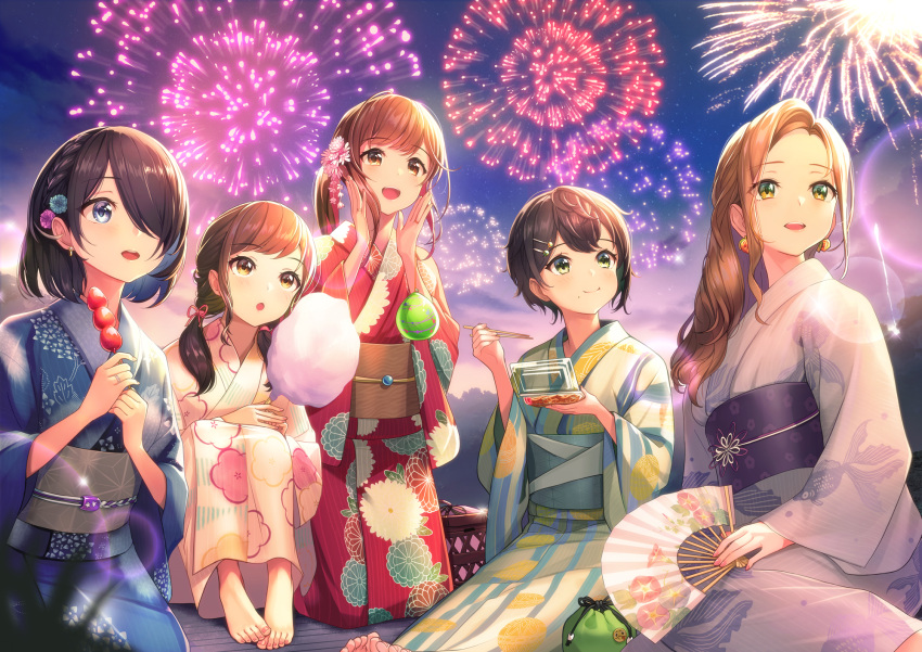 5girls :d :o :t aerial_fireworks barefoot blue_kimono braid brown_hair brown_sash character_request closed_mouth cotton_candy earrings eating enogu fireworks floral_print flower folding_fan food glint green_eyes hair_flower hair_ornament hair_over_one_eye hair_ribbon hairclip hanabi_(akashic_chronicle) hand_fan hands_up highres holding holding_fan holding_food japanese_clothes jewelry kagawa_ichigo kimono kinchaku long_hair long_sleeves looking_up low_twintails medium_hair mole mole_under_eye multiple_girls nail_polish night night_sky obi one_eye_covered open_mouth outdoors parted_lips pink_nails pink_ribbon pouch purple_sash red_kimono ribbon ring sash short_hair sitting sky smile striped striped_kimono toenail_polish toenails twintails violet_eyes wide_sleeves yellow_eyes yukata