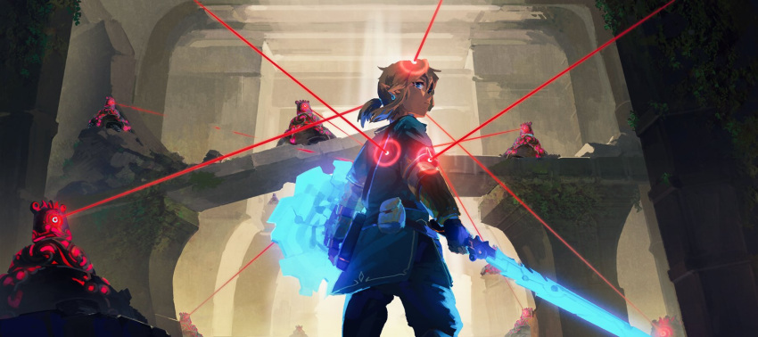 1boy bangs blonde_hair blue_eyes commentary_request fighting_stance glowing glowing_shield glowing_sword glowing_weapon highres link male_focus nin0019 pointy_ears ponytail shield solo sword the_legend_of_zelda the_legend_of_zelda:_breath_of_the_wild weapon
