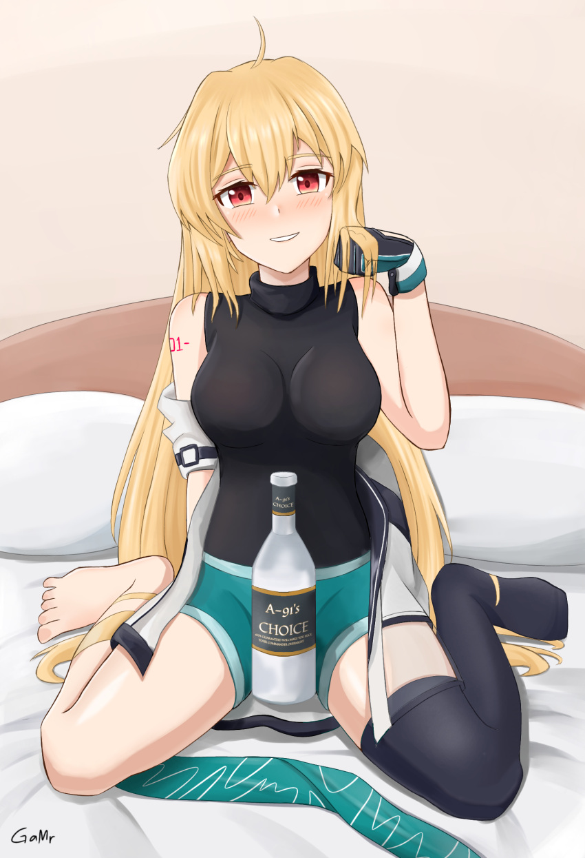 1girl alcohol aqua_shorts artist_name barefoot bed bedroom black_bodysuit black_legwear blonde_hair blush bodysuit bottle breasts closed_mouth eyebrows_visible_through_hair gamryous girls_frontline gloves green_hairband hairband hairband_removed hand_in_hair hand_on_back hand_up highres jacket_pull long_hair looking_at_viewer medium_breasts multicolored multicolored_clothes multicolored_gloves no_shoes number_tattoo on_bed pillow red_eyes shorts simple_background single_thighhigh sitting sitting_on_bed smile soles solo spread_legs sv-98_(girls'_frontline) tattoo thigh-highs toes vodka